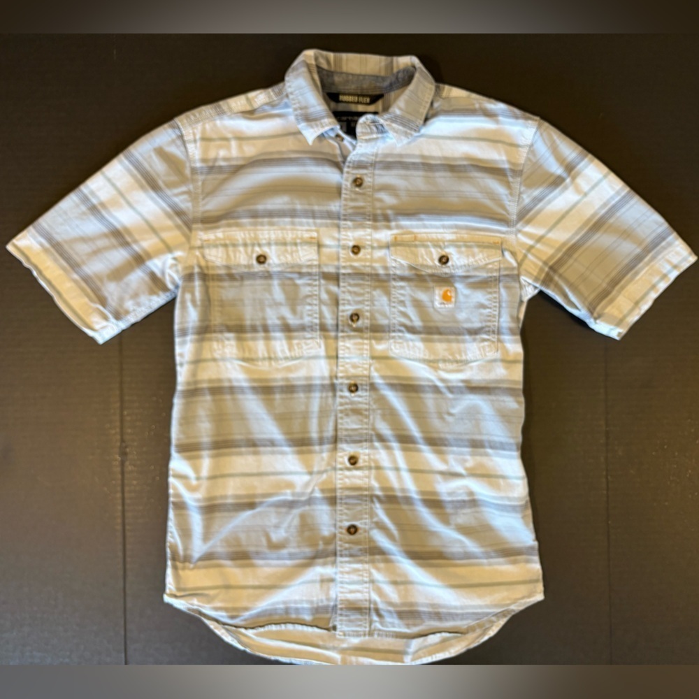 Carhartt Rugged Flex Relaxed Fit gray striped short sleeve button down small